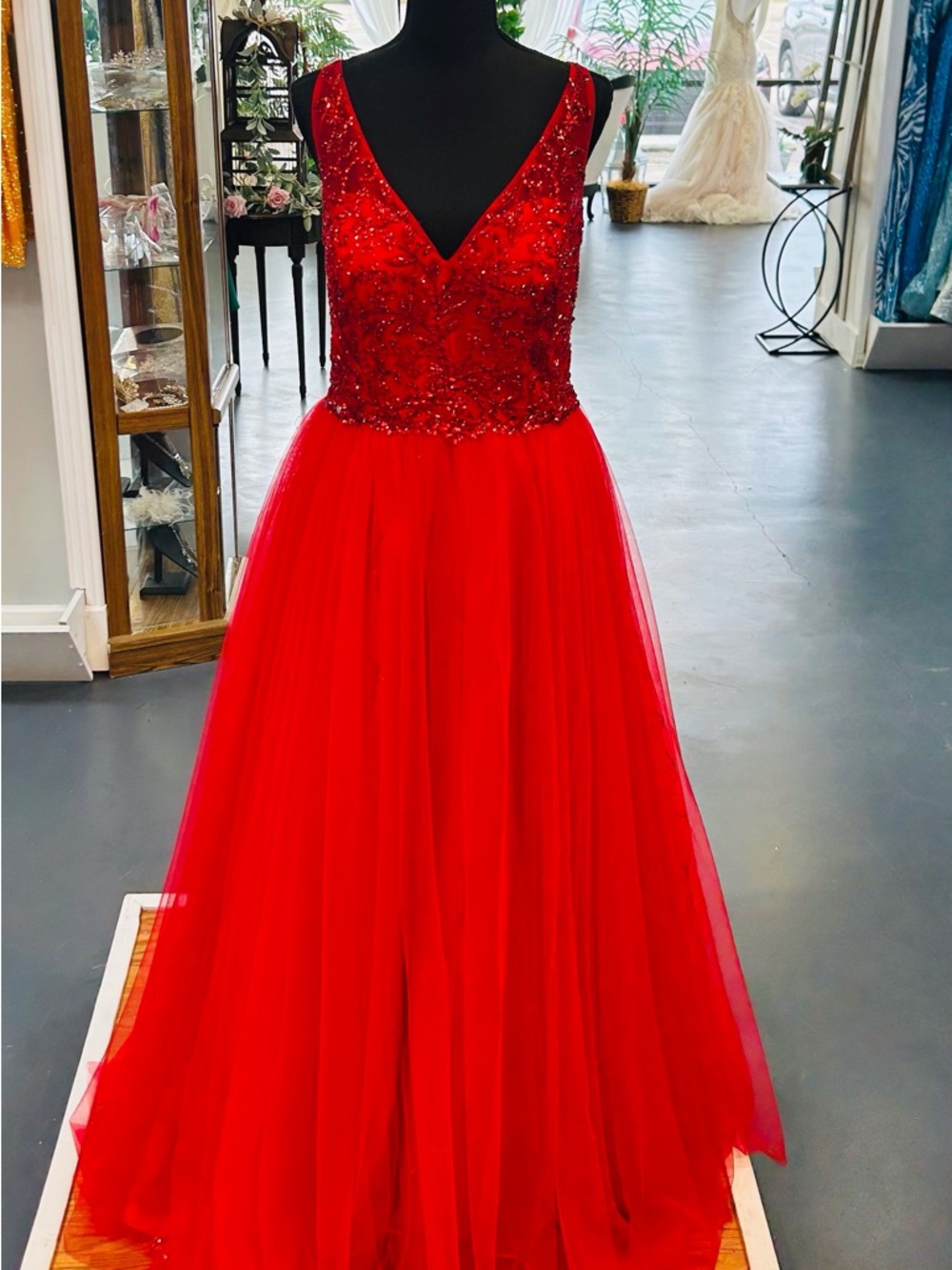 Stellah Red Beaded V-Neck Tulle Gown